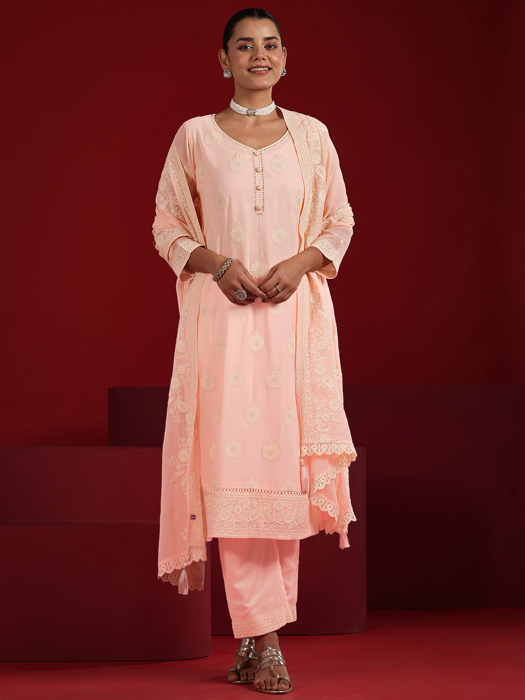  Libas Art Pink Embroidered Georgette Straight Suit Set With Dupatta 