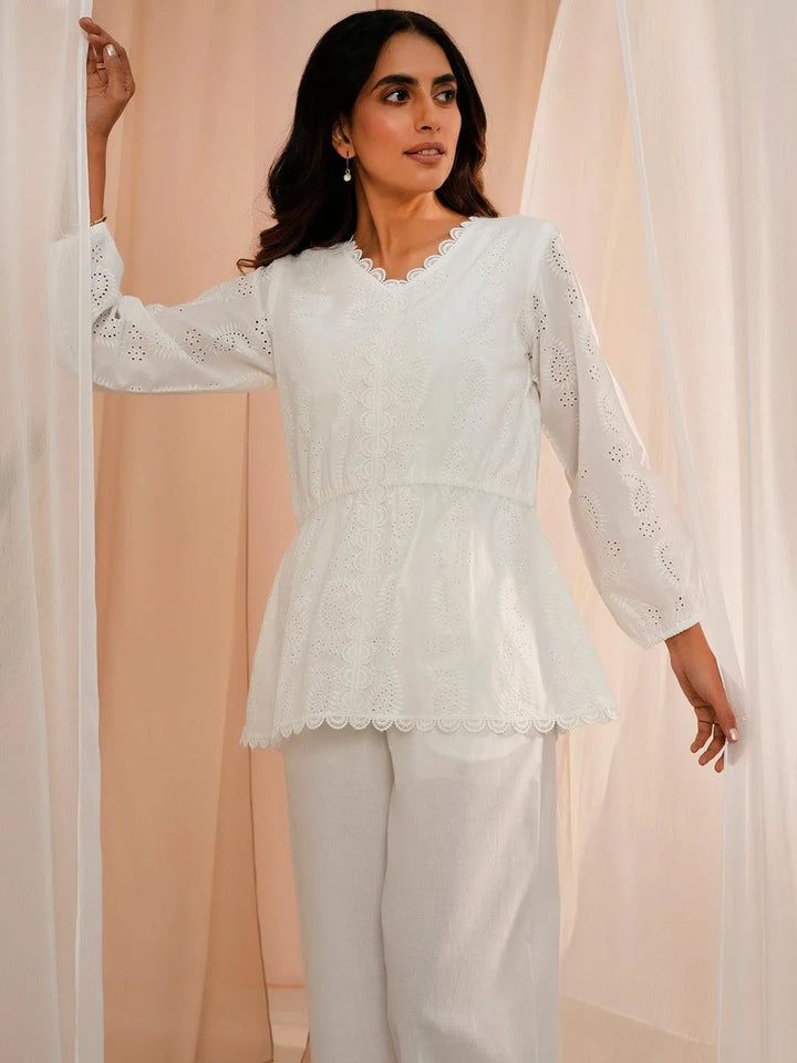 White Cotton A-Line Kurti - Libas