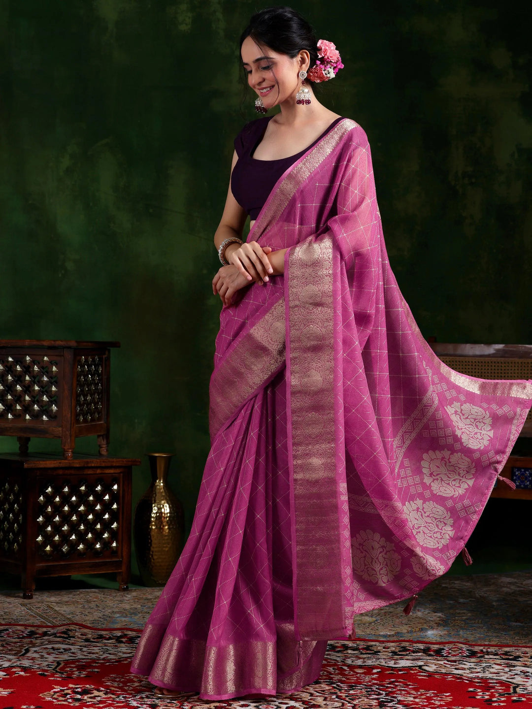 Pink Printed Silk Blend Saree With Unstitched Blouse Piece - Libas 
