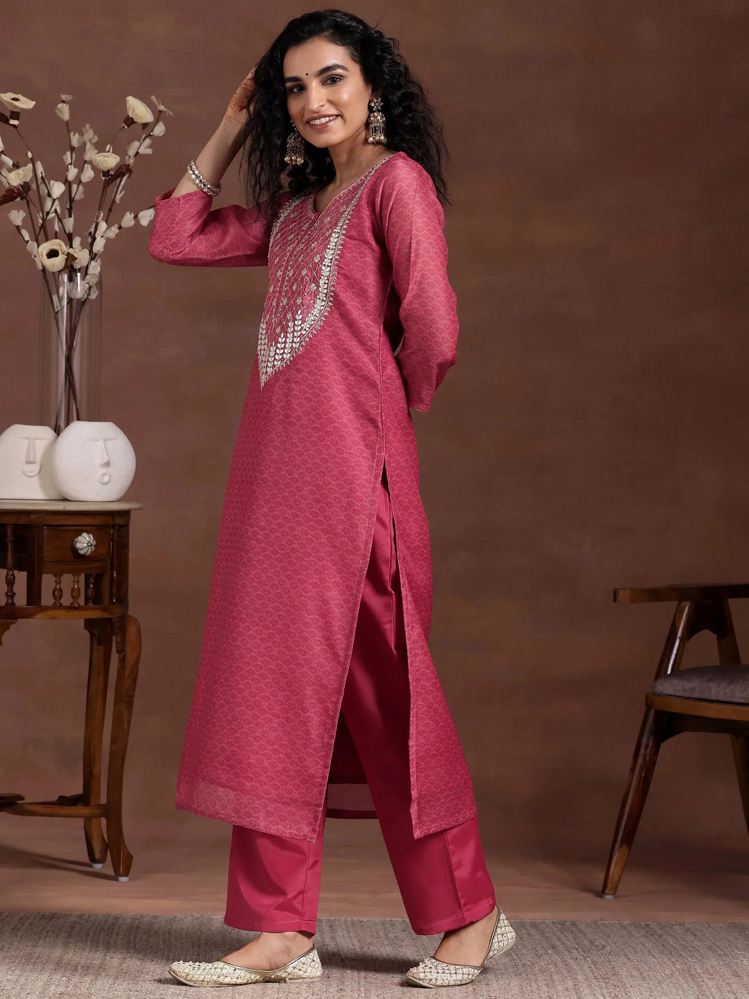  Pink Printed Silk Blend Straight Suit With Dupatta 