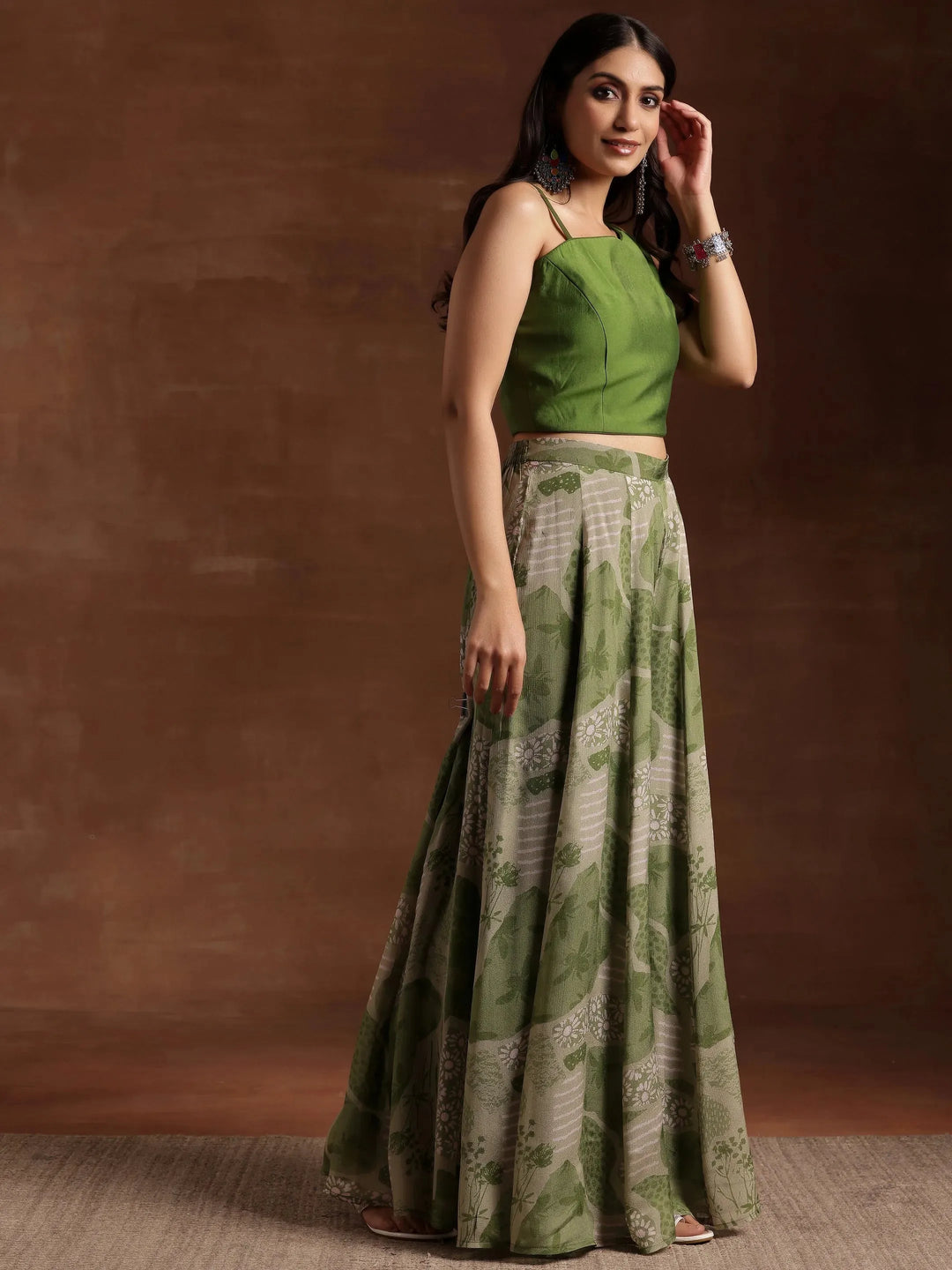  Green Printed Silk Blend Co-Ords 