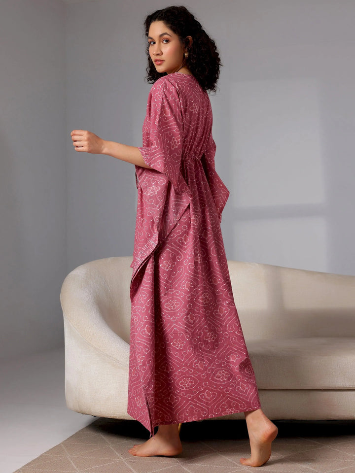 Mauve Printed Cotton Kaftan Night Dress - Libas