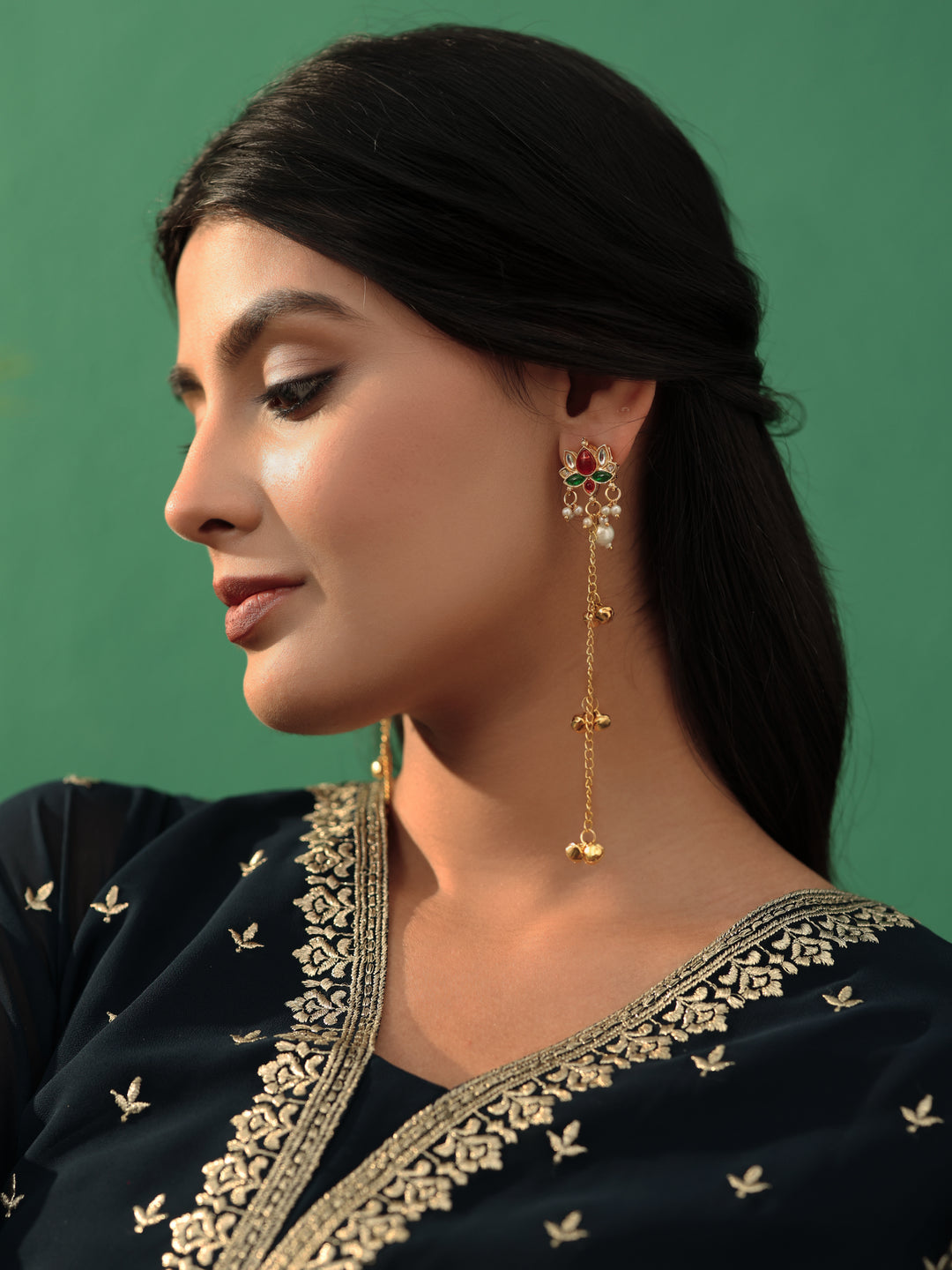  Libas Gold-Tone Long Chain Kashmiri Earrings with Ghungroo Drop 