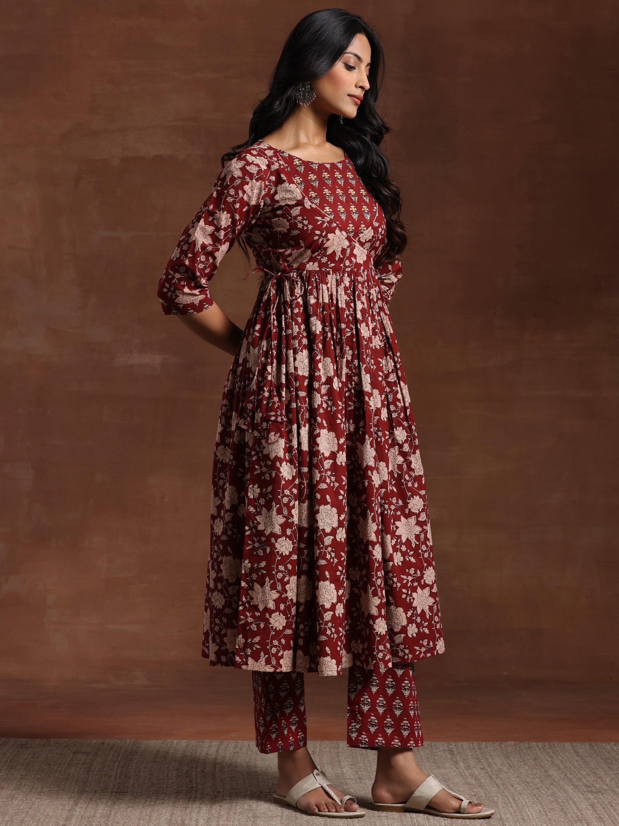 Maroon Printed Pure Cotton Anarkali Suit With Dupatta