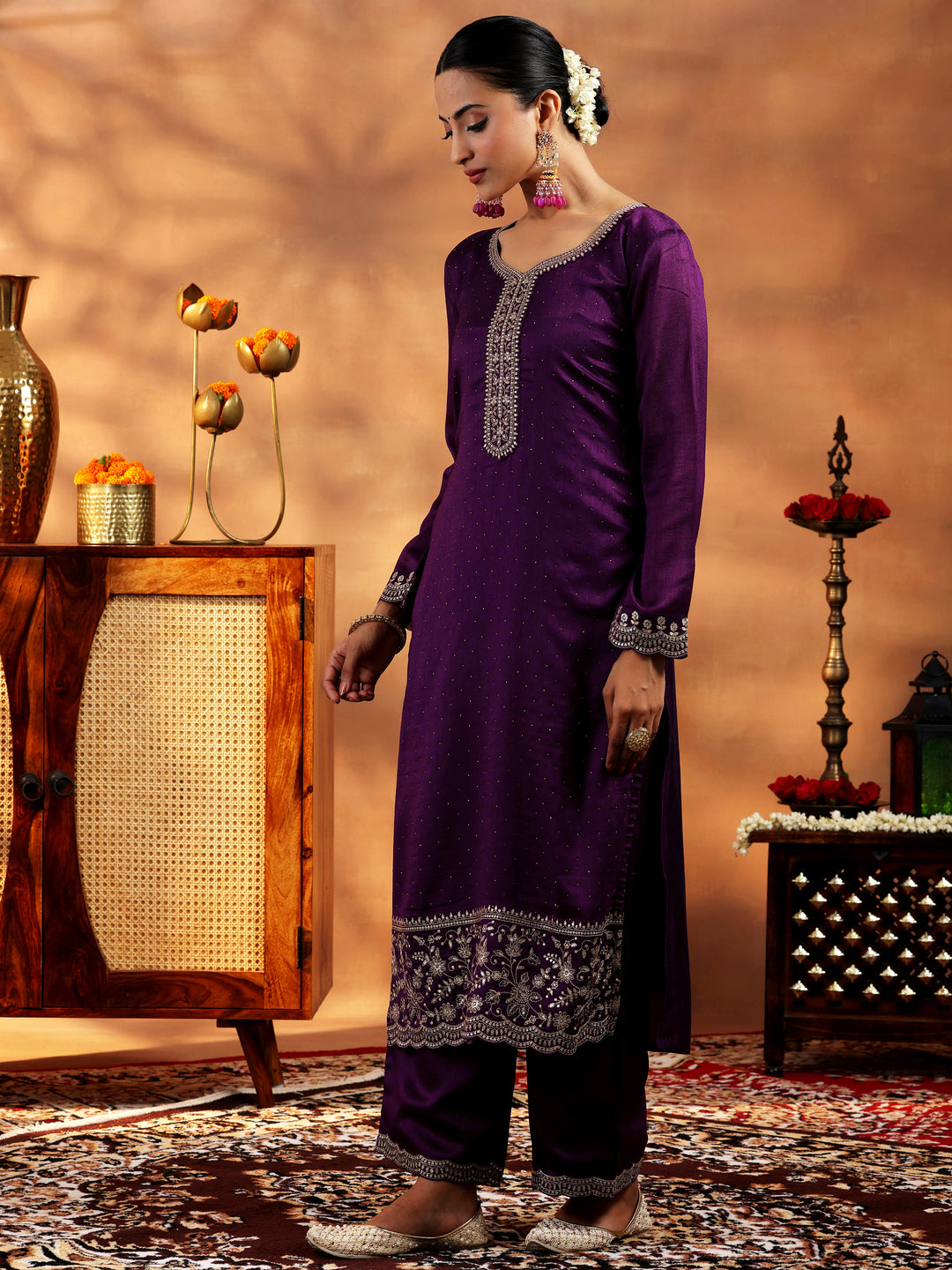  Burgundy Embroidered Silk Blend Straight Suit With Dupatta 