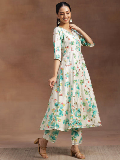 Off white Printed Silk Blend Anarkali Kurta With Trousers - Libas