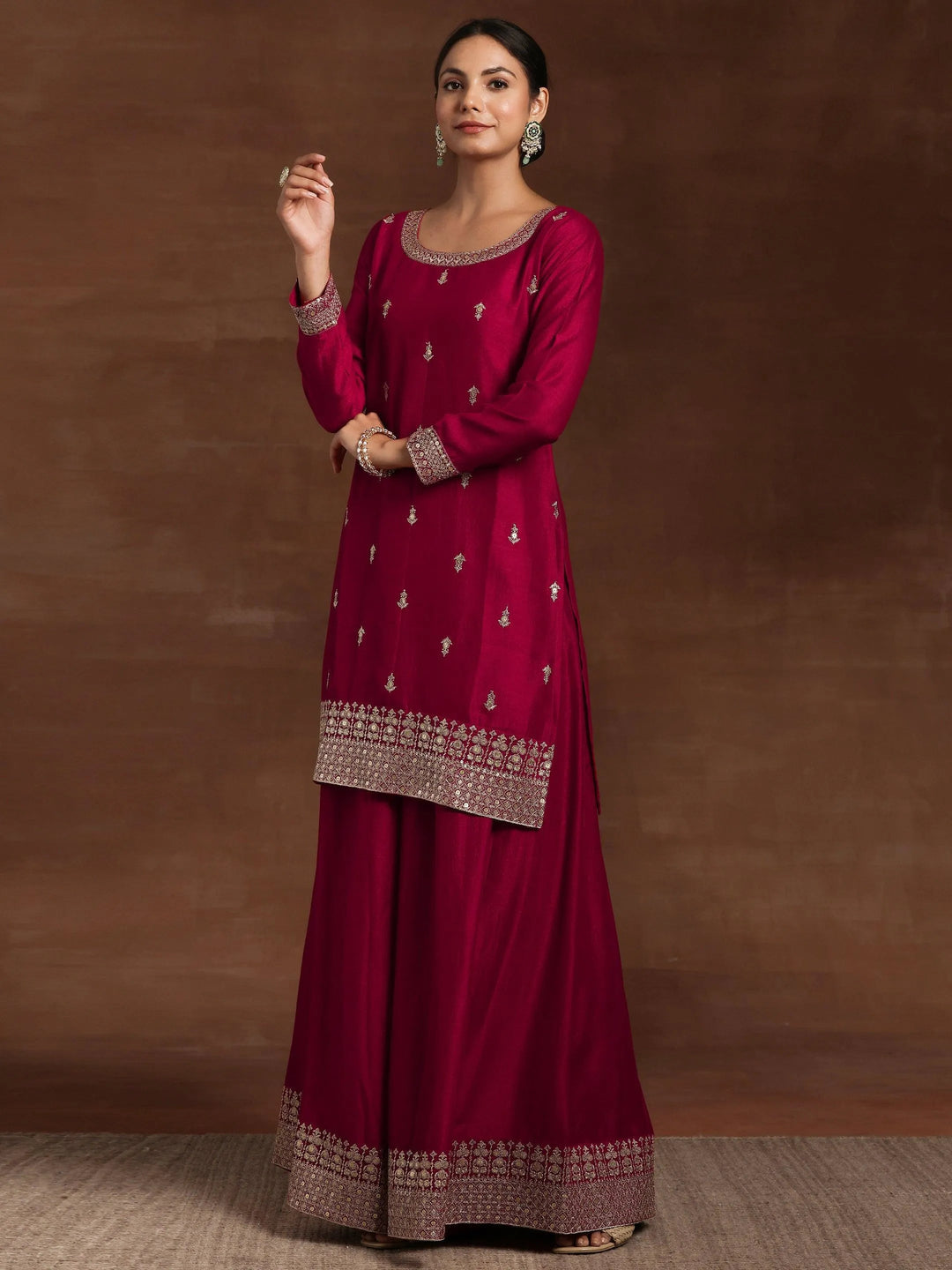 Pink Embroidered Silk Blend Straight Suit With Dupatta - Libas 