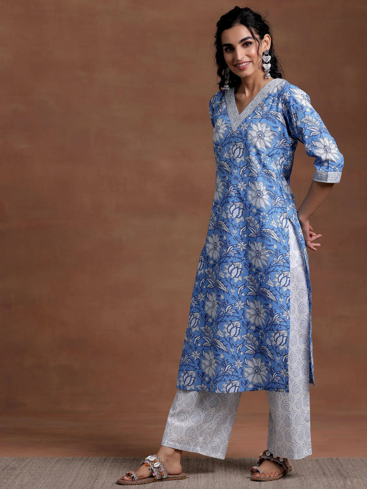 Blue Printed Cotton Straight Suit With Dupatta - Libas