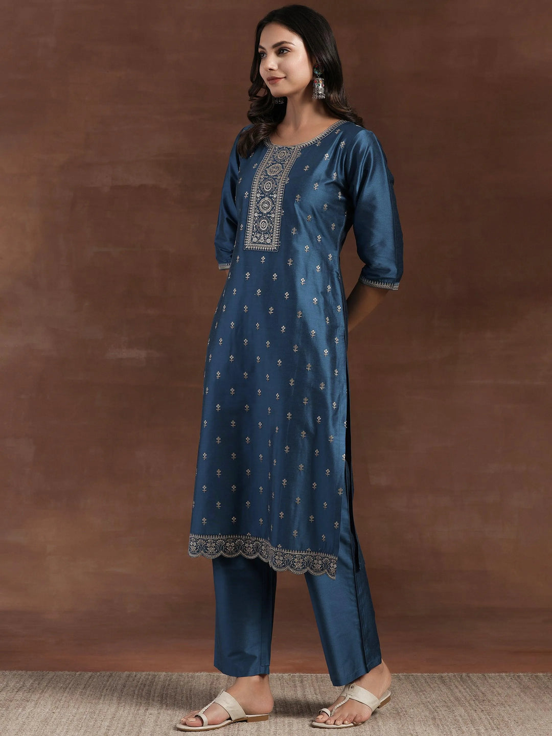 Blue Embroidered Silk Blend Straight Suit With Dupatta - Libas 