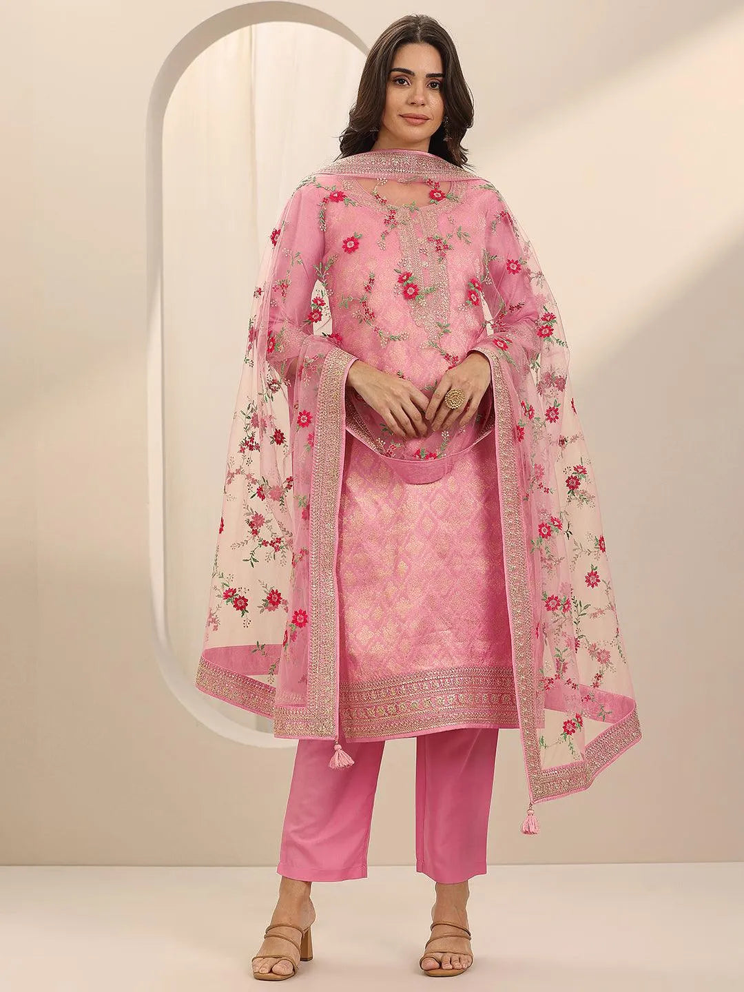 Pink Woven Design Silk Blend Straight Suit Set With Dupatta