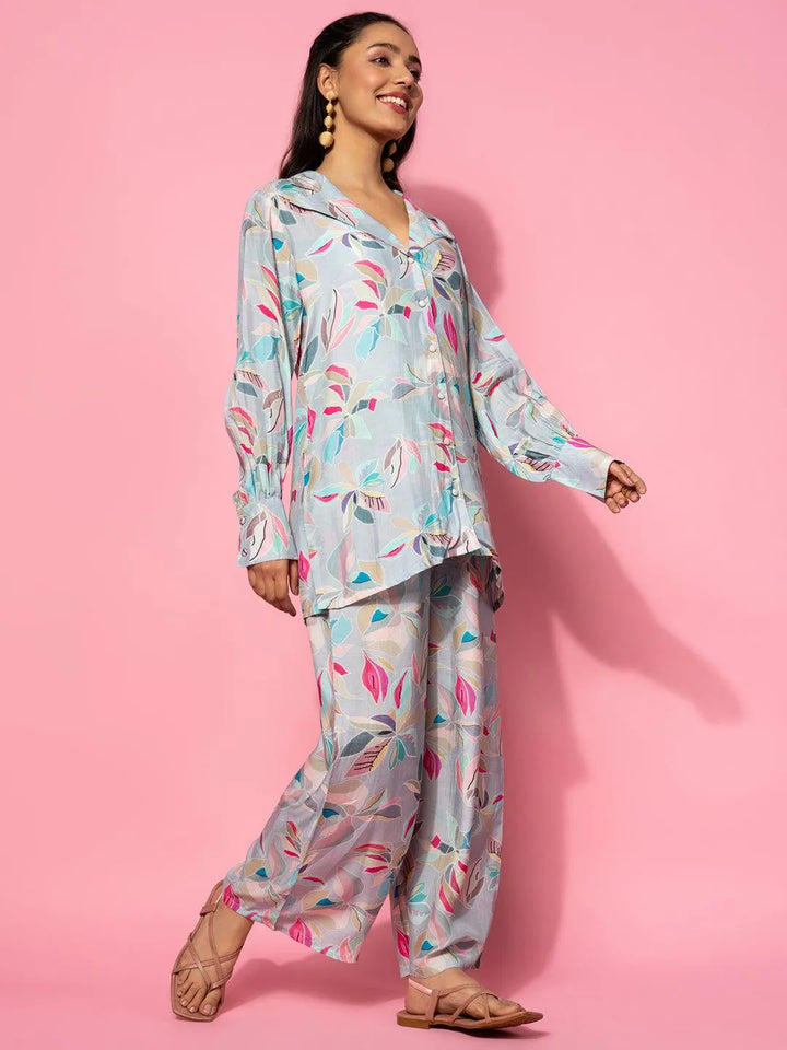 Grey Printed Silk Blend Co-Ords - Libas