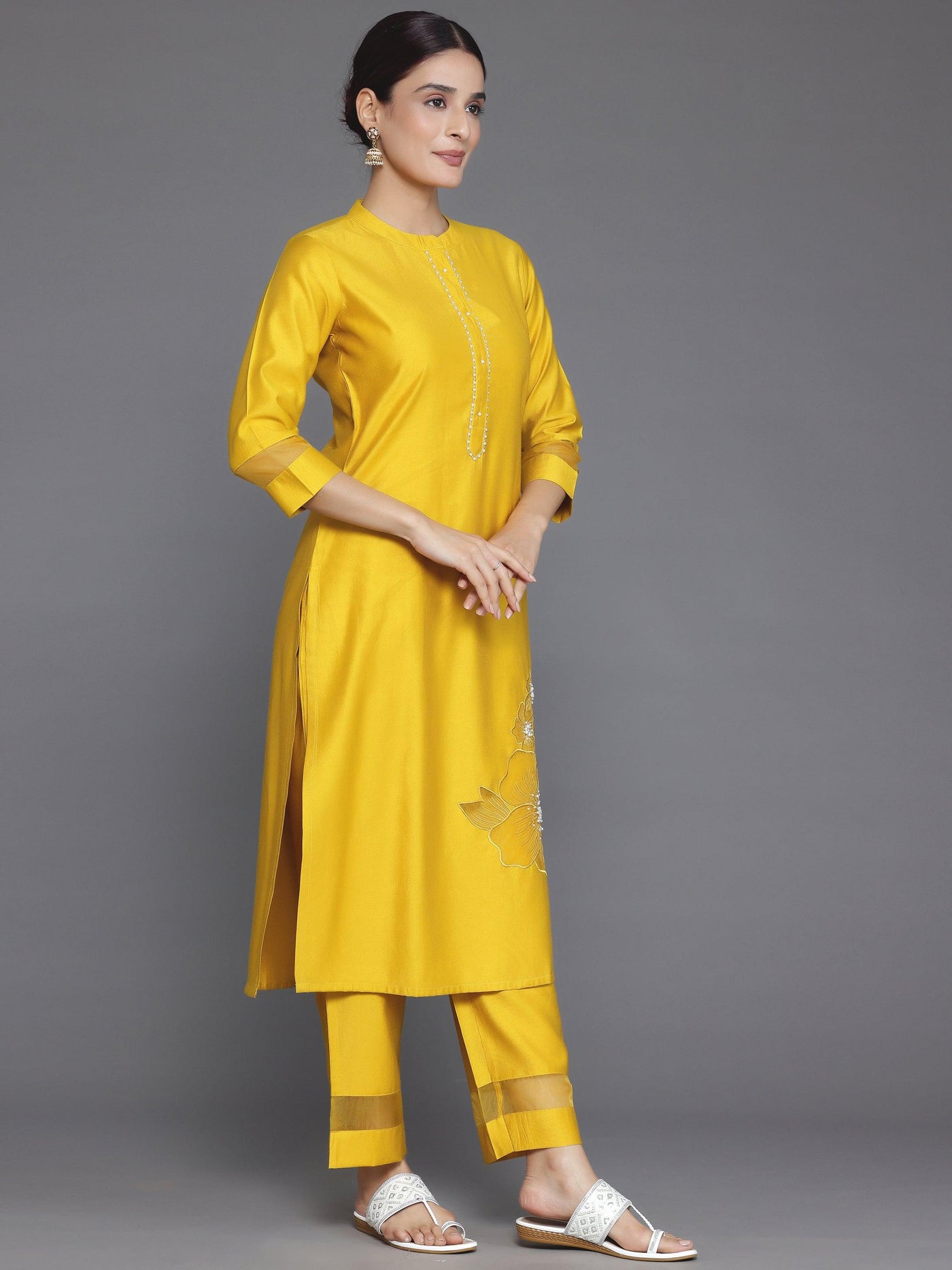 Yellow Solid Silk Blend Straight Suit With Dupatta - Libas