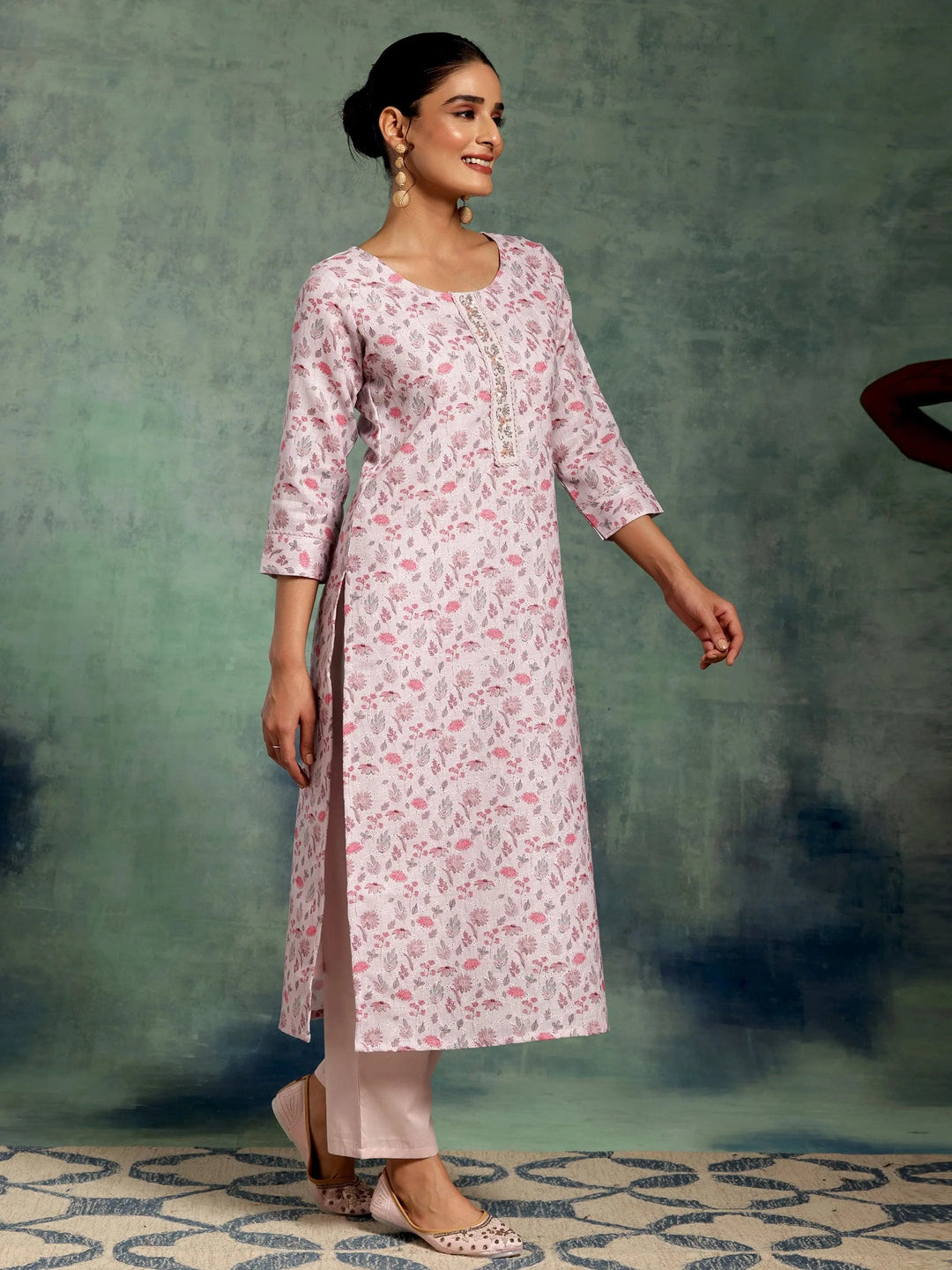 Lilac Printed Cotton Straight Suit With Dupatta - Libas 