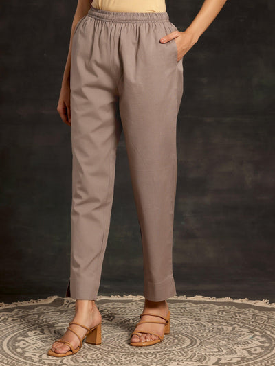 Grey Solid Cotton Straight Fit Trousers - Libas