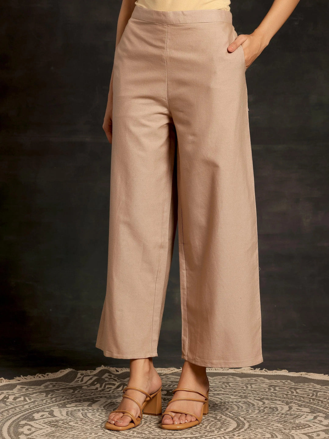 Beige Solid Cotton Wide Leg Palazzos - Libas