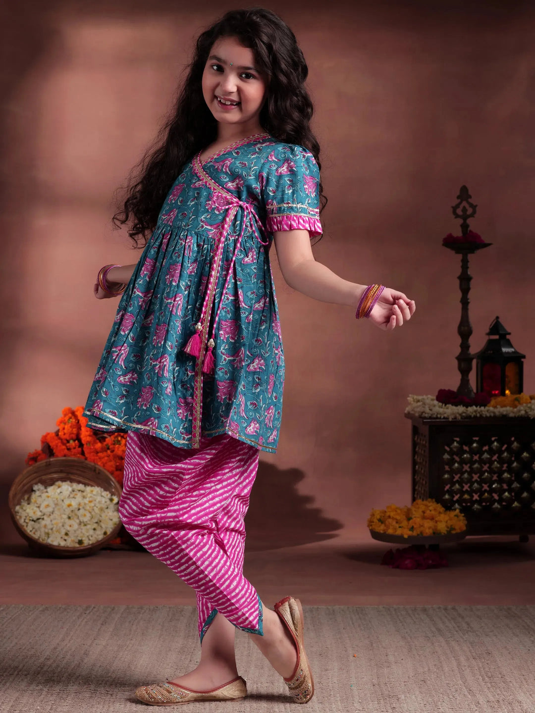  Kids Blue Printed Cotton A-Line Kurta With Dhoti Pants 