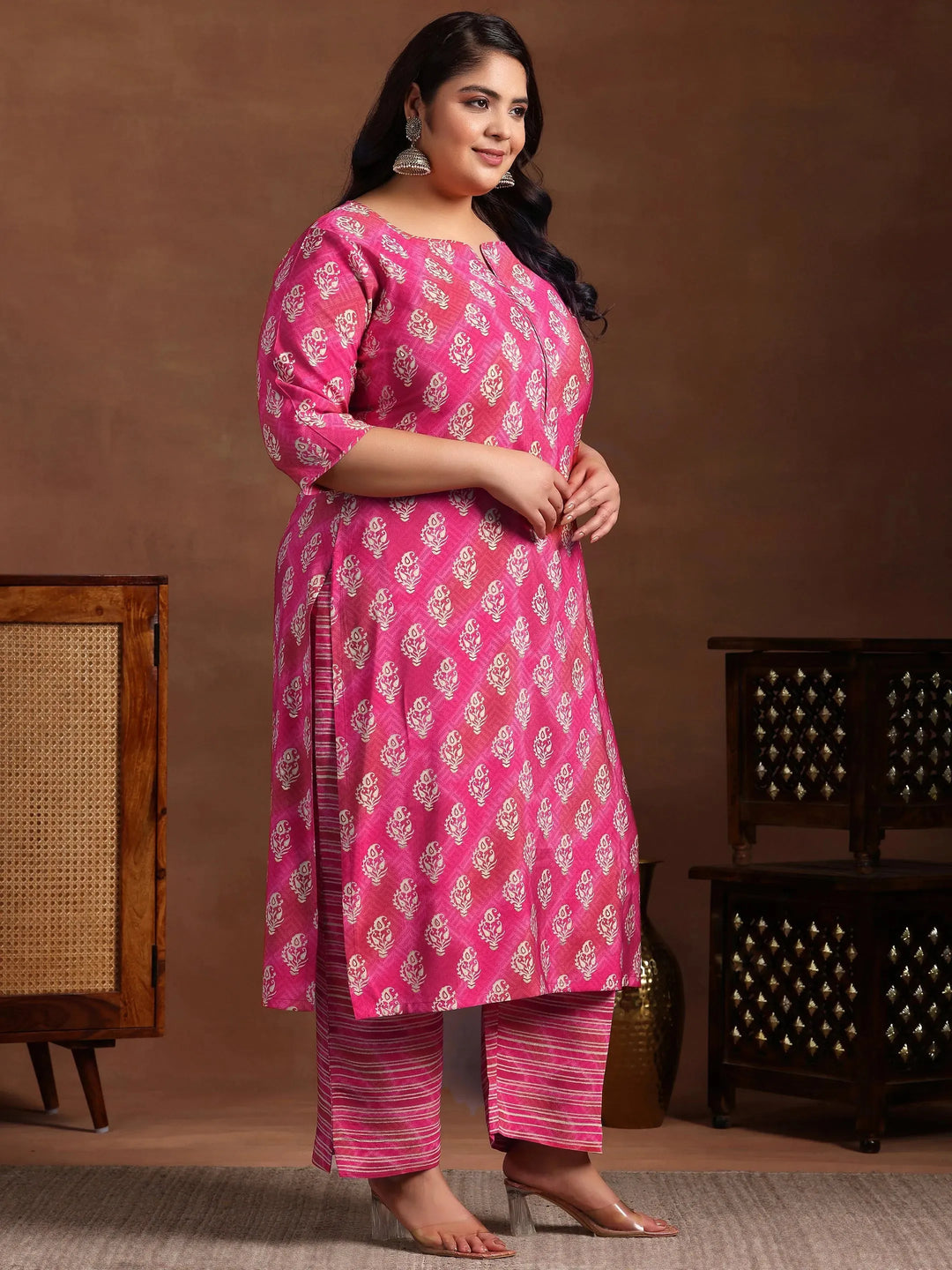  Plus Size Pink Printed Silk Blend Straight Suit With Dupatta 