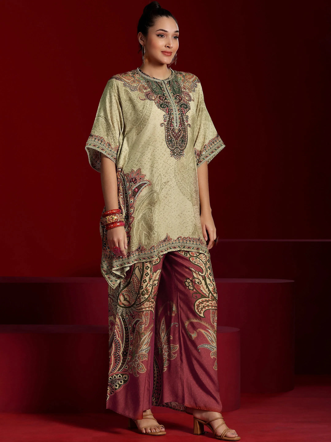  Libas Art Beige Printed Silk Blend Co-Ords 
