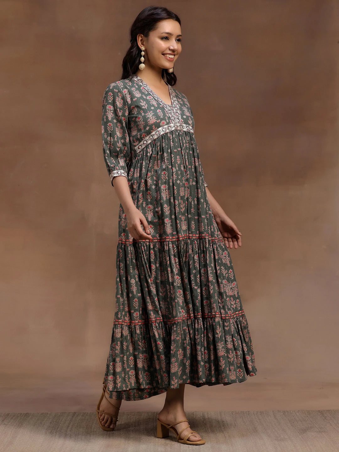 Buy Green Printed Cotton Fit and Flare Dress Online at Rs.927