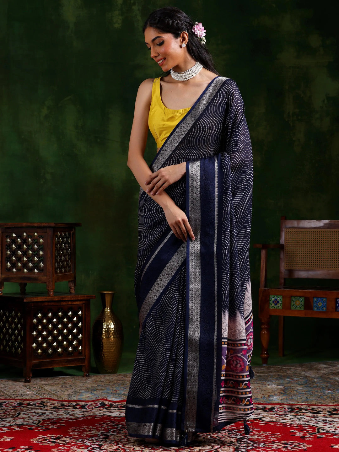 Blue Printed Silk Blend Saree With Unstitched Blouse Piece - Libas 