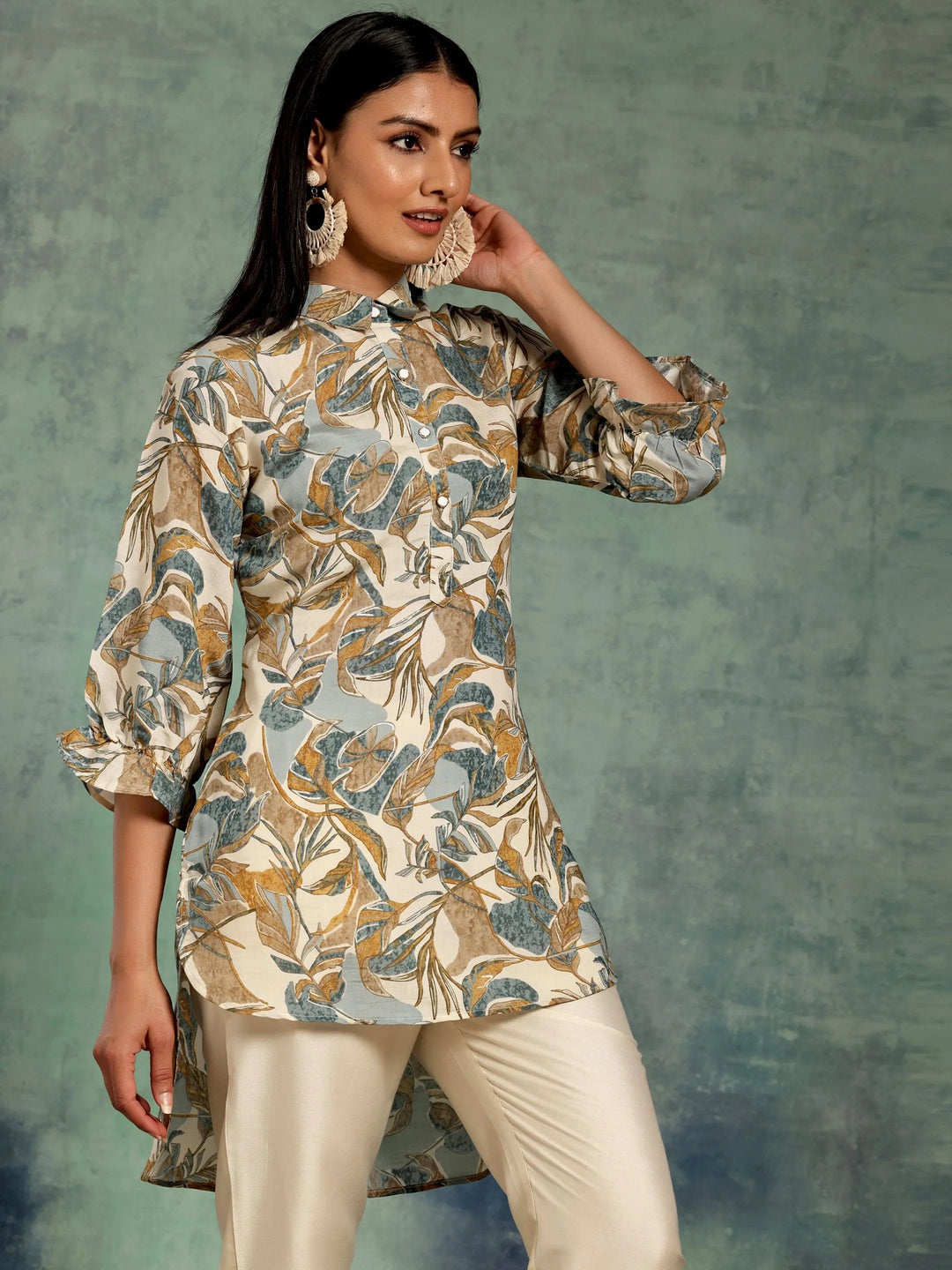 Beige Printed Silk Blend A-Line Kurti - Libas 