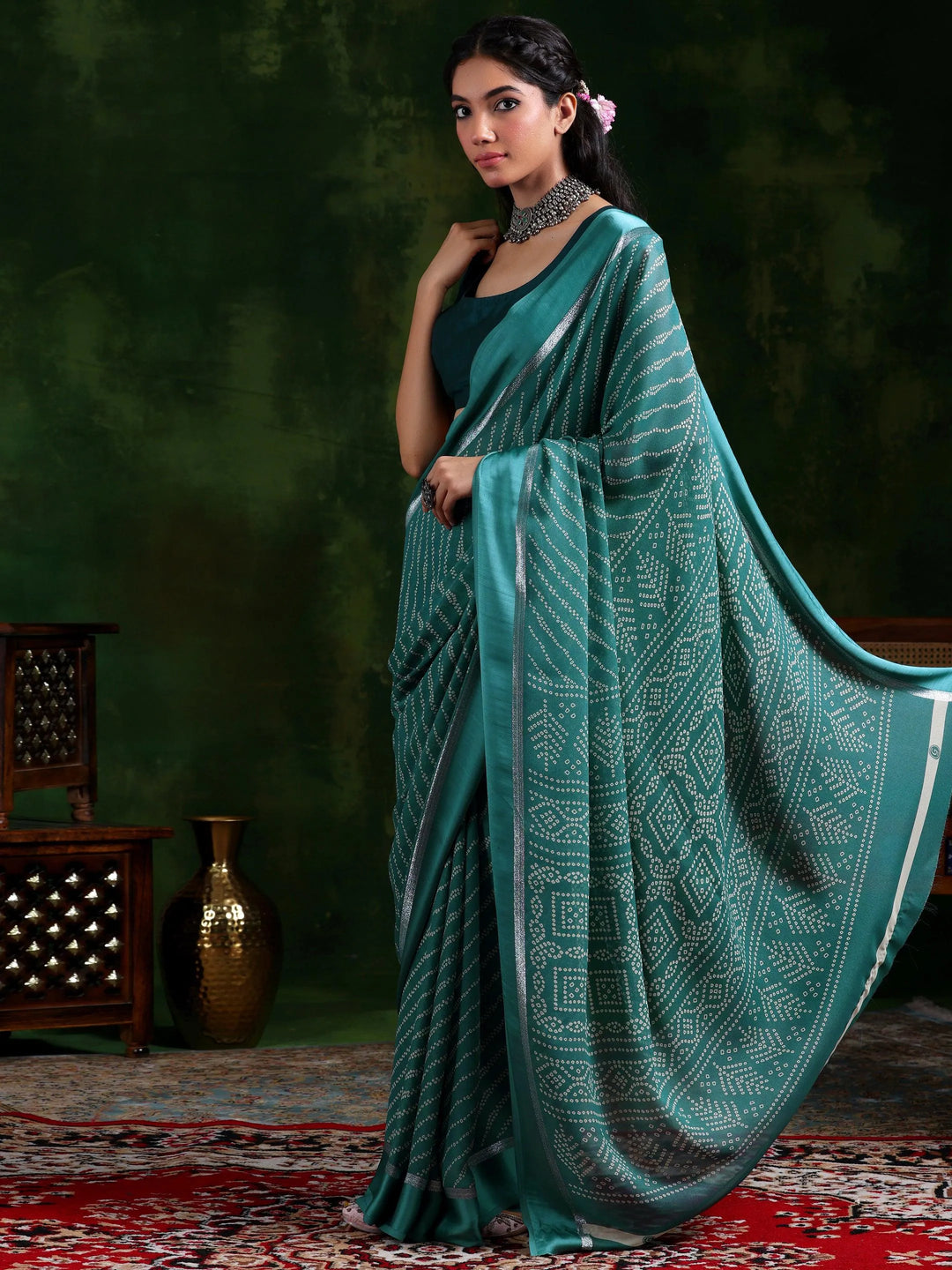 Green Printed Satin Saree With Unstitched Blouse Piece - Libas 