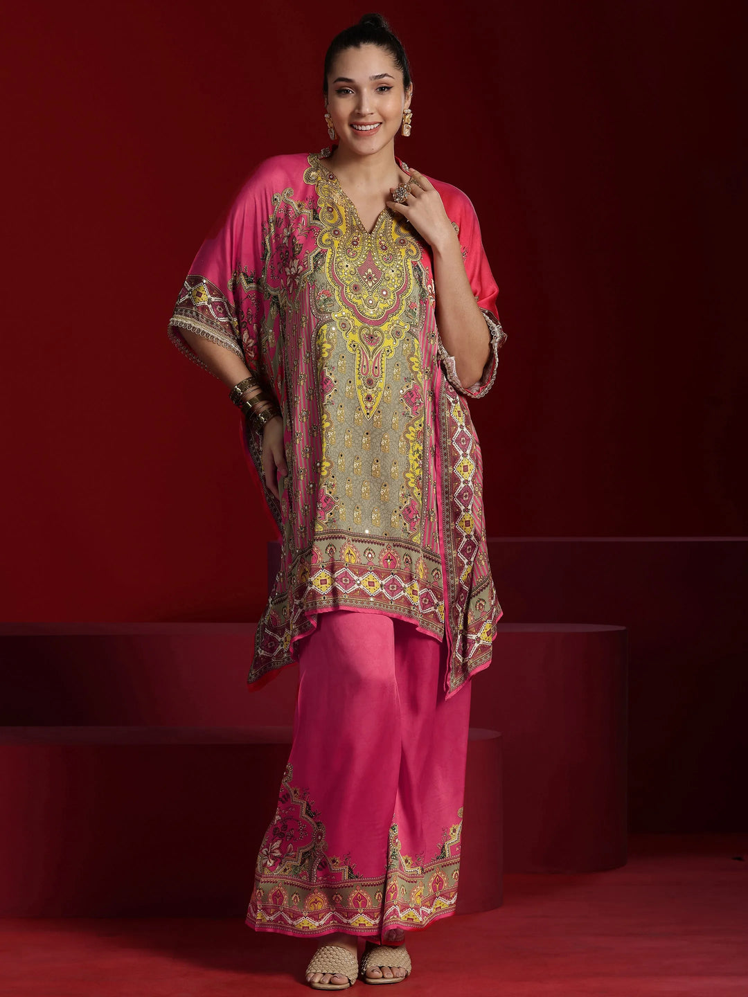  Libas Art Coral Printed Silk Blend Kaftan Kurta With Palazzos 