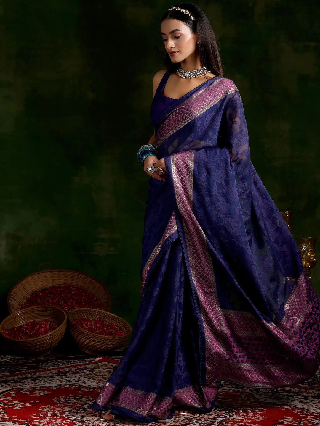  Blue Printed Silk Blend Saree With Unstitched Blouse Piece 