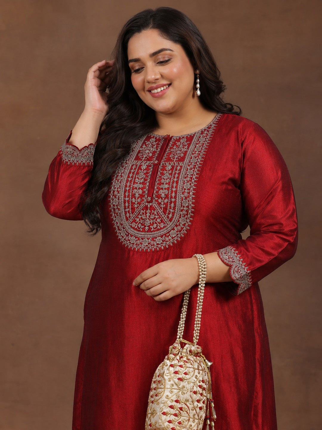  Plus Size Maroon Embroidered Silk Straight Kurta 