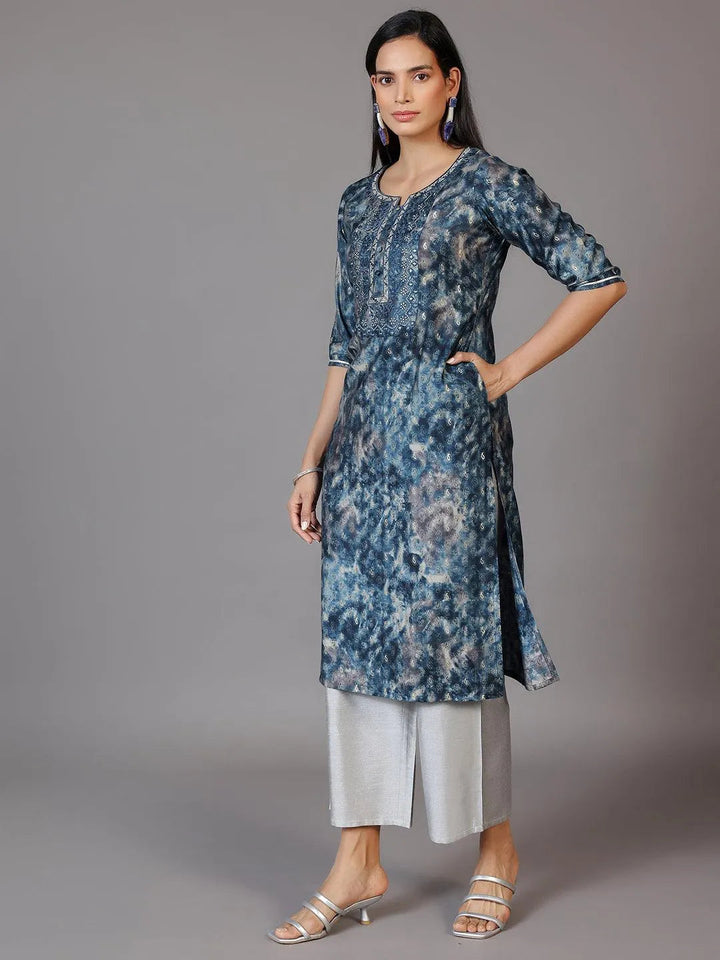 Navy Blue Yoke Design Silk Straight Kurta - Libas