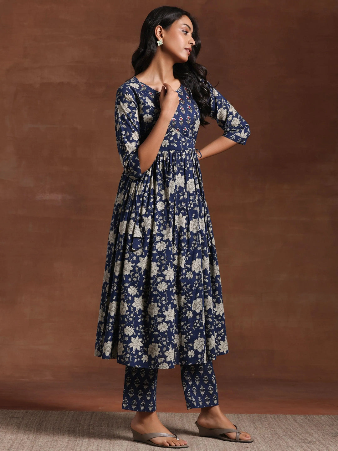 Blue Printed Pure Cotton Anarkali Suit With Dupatta - Libas