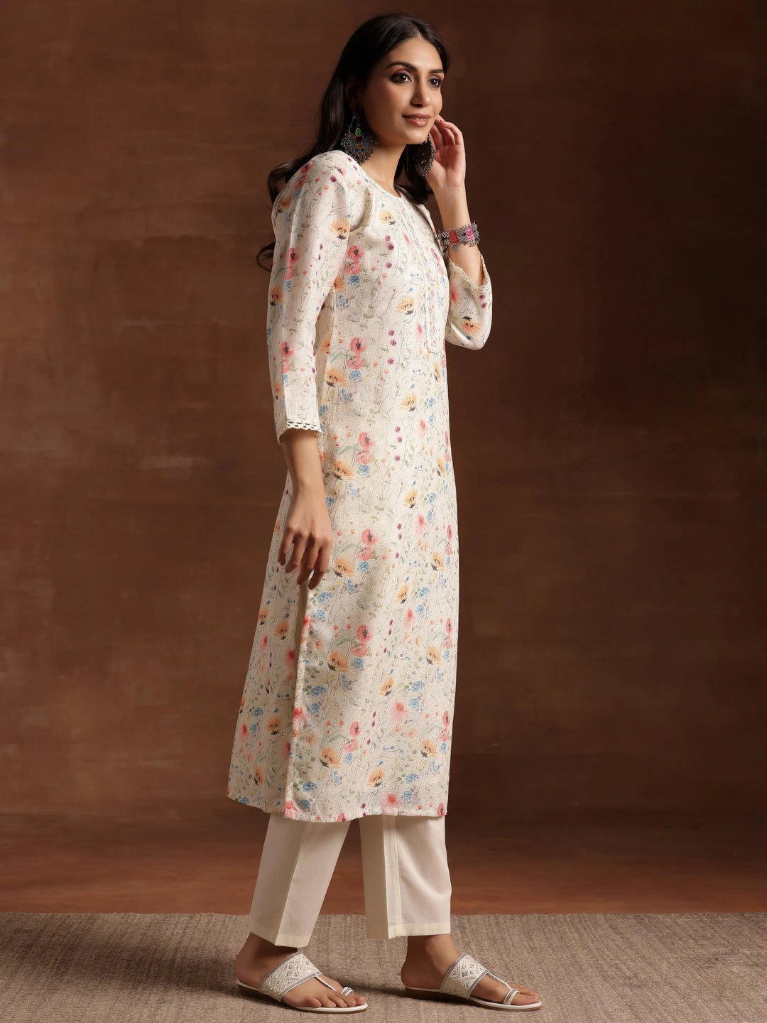Cream Printed Cotton Straight Suit With Dupatta - Libas 