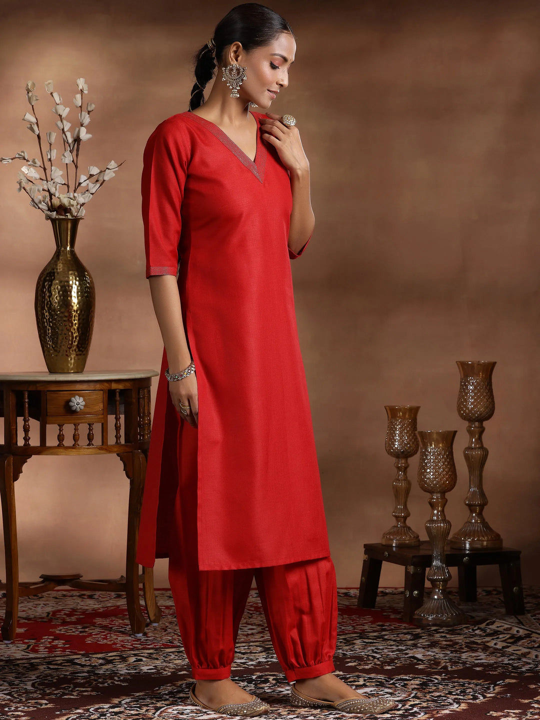  Red Solid Cotton Blend Straight Suit With Dupatta 
