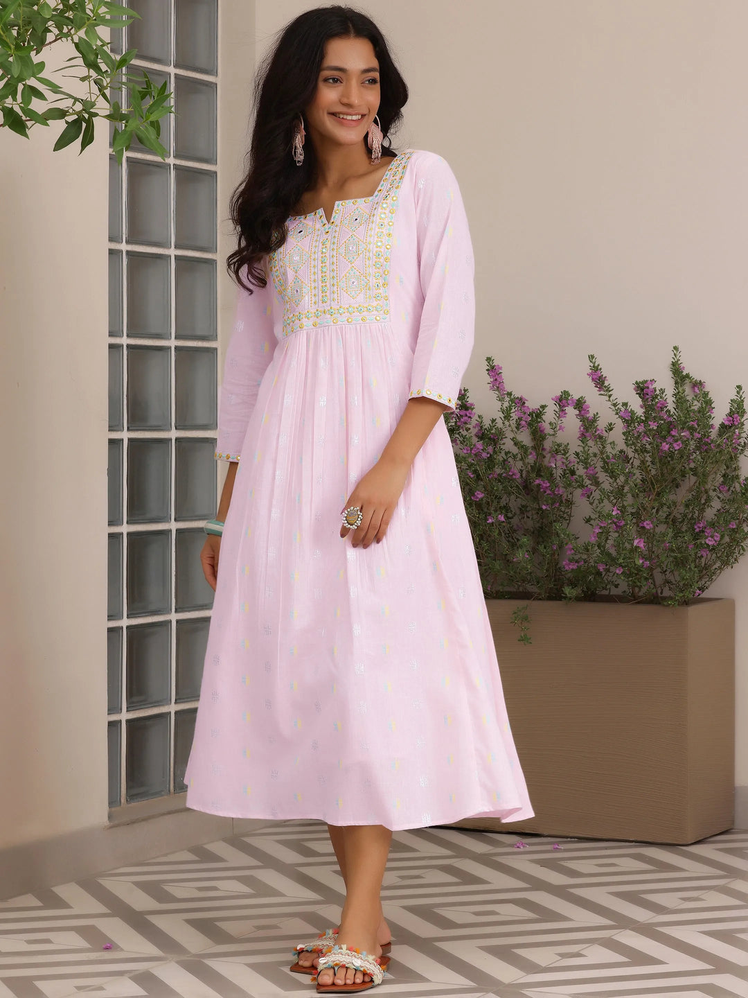  Pink Self Design Cotton A-Line Dress 