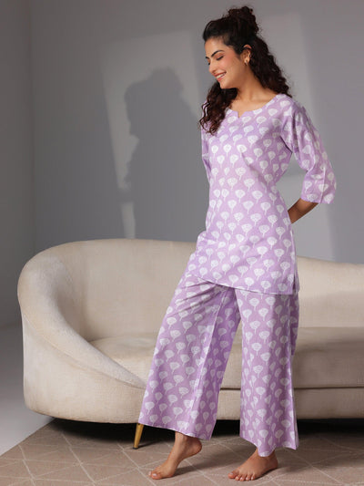 Lavender Printed Cotton Night Suits - Libas