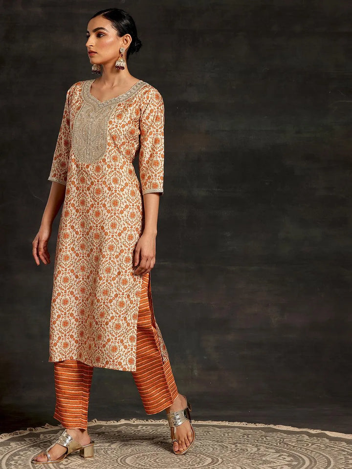 Beige Printed Silk Blend Straight Suit With Dupatta - Libas