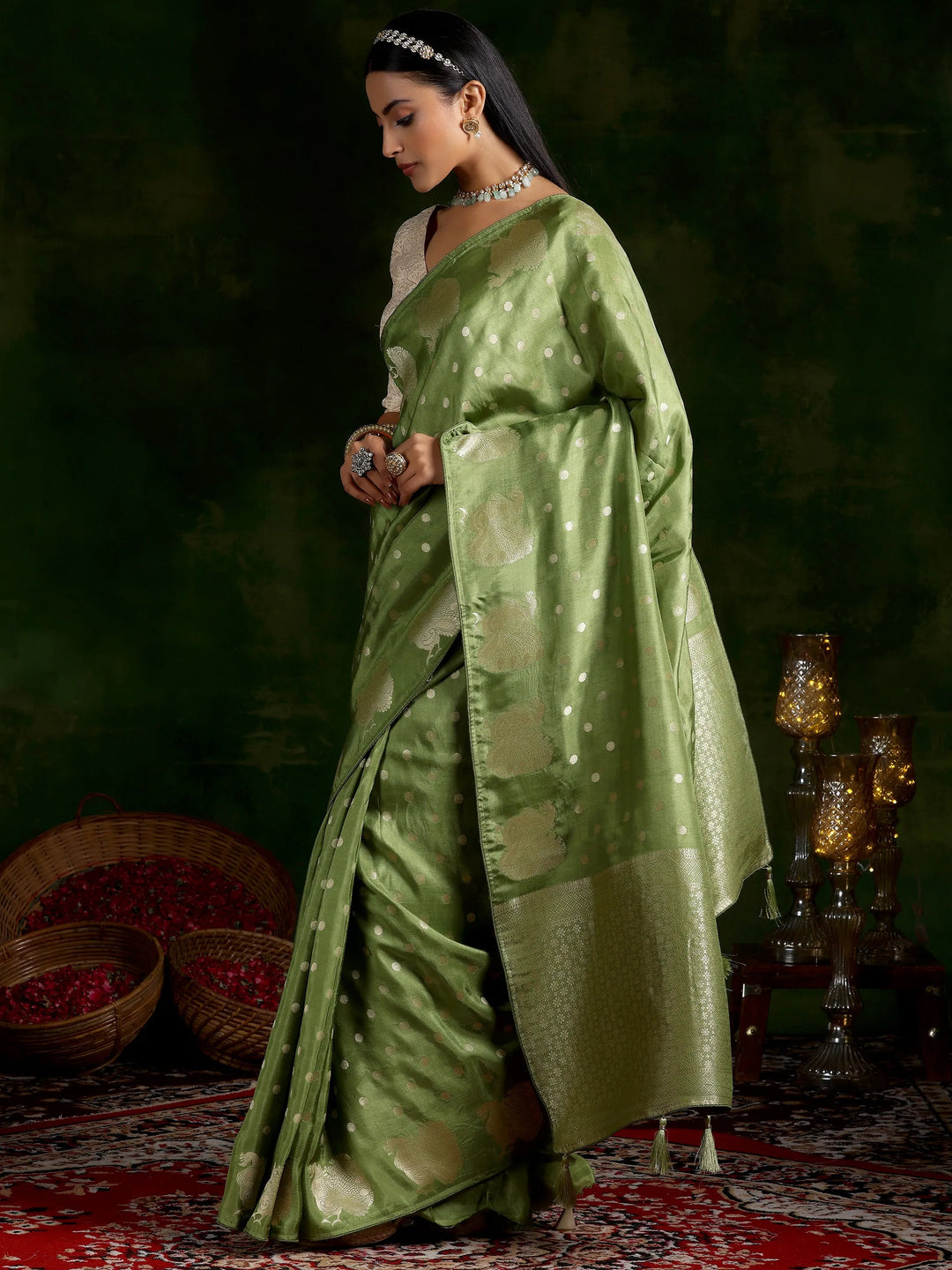  Green Woven Design Silk Blend Saree With Unstitched Blouse Piece 