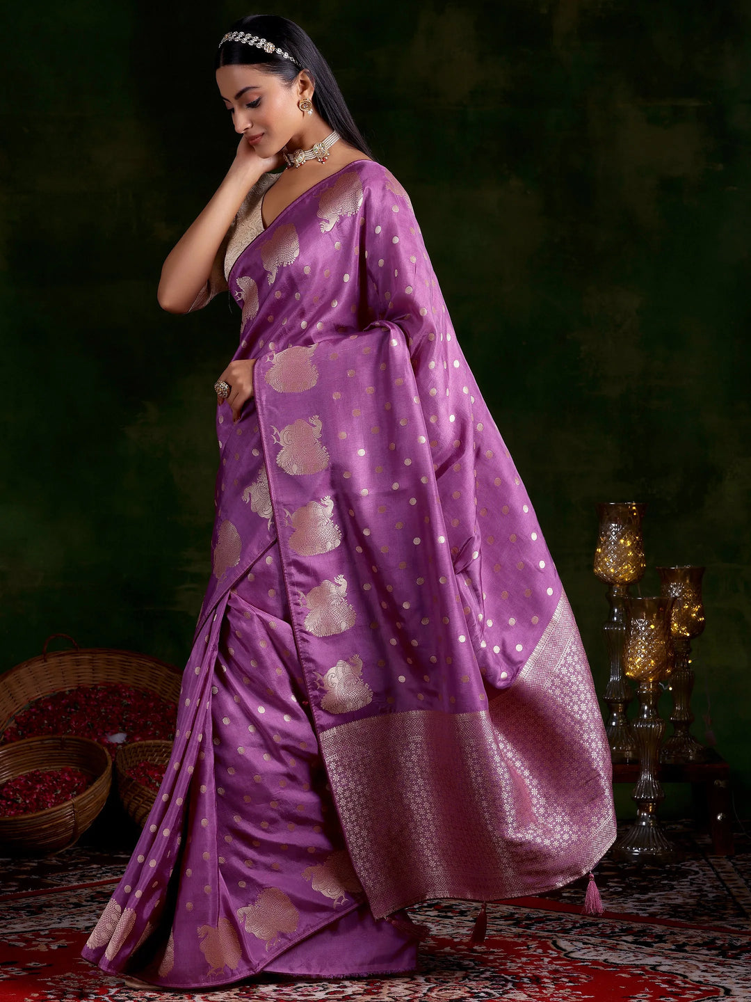  Mauve Woven Design Silk Blend Saree With Unstitched Blouse Piece 