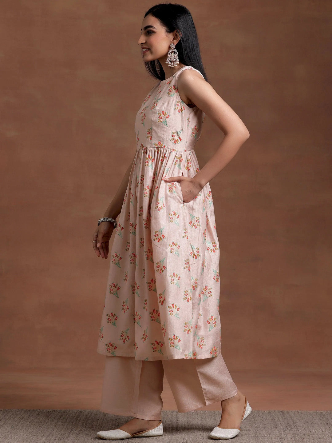 Buy Powder Pink Printed Silk Blend A-Line Kurta With Palazzos & Dupatta ...