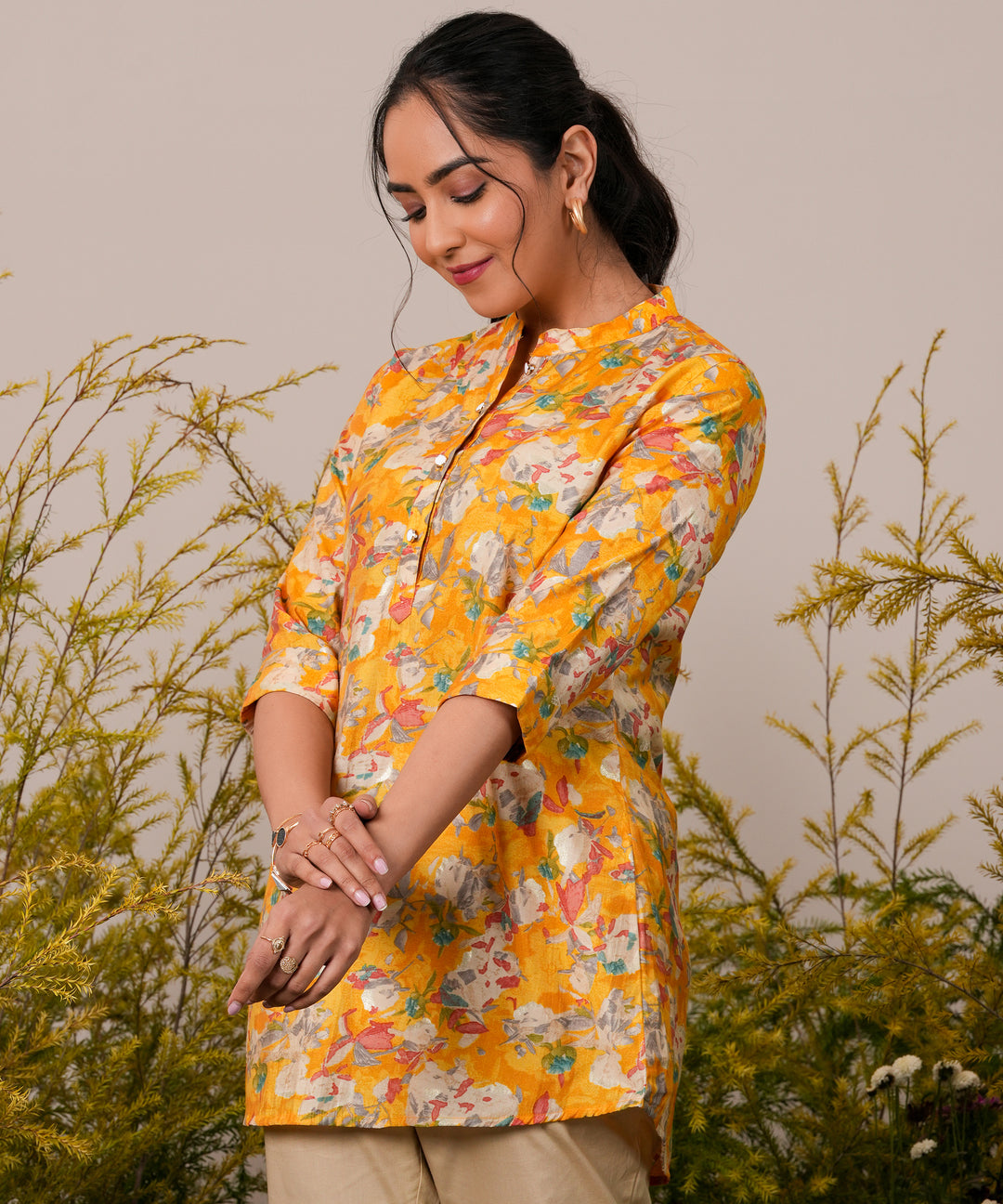  Yellow Printed Silk Blend Straight Short Kurti 