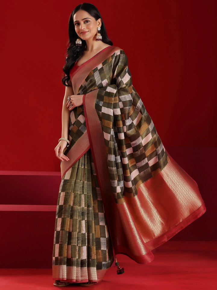 Libas Art Green Printed Satin Saree With Unstitched Blouse Piece - Libas