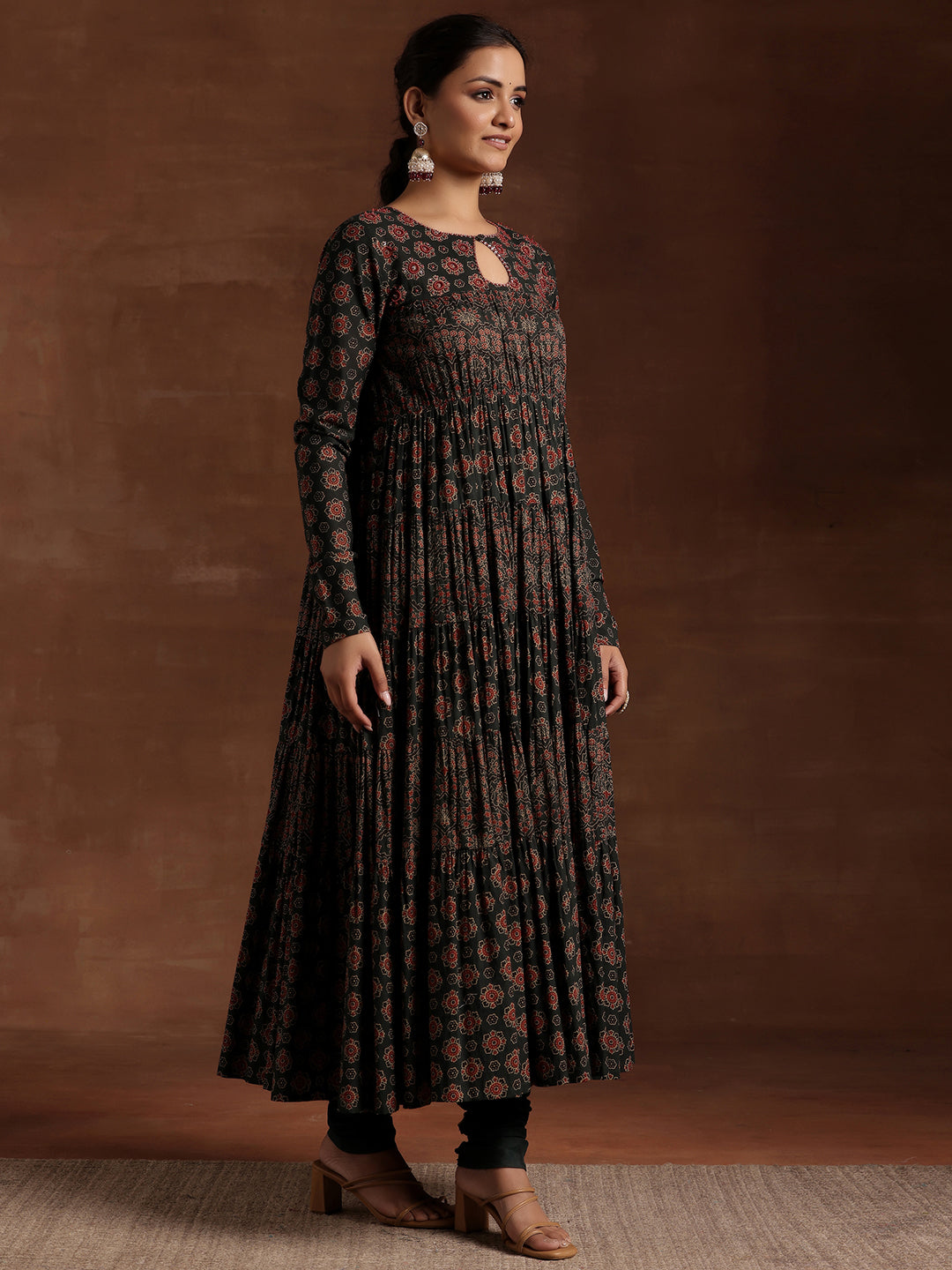  Green Printed Cotton Anarkali Suit With Dupatta 