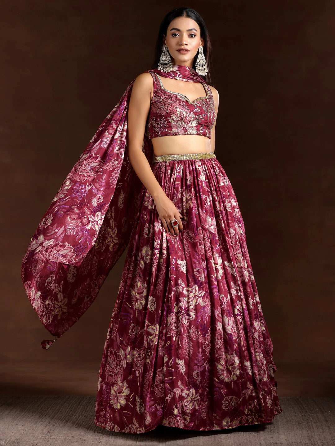  Libas Art Maroon Hand Embroidered Chinon Chiffon Lehenga Set 