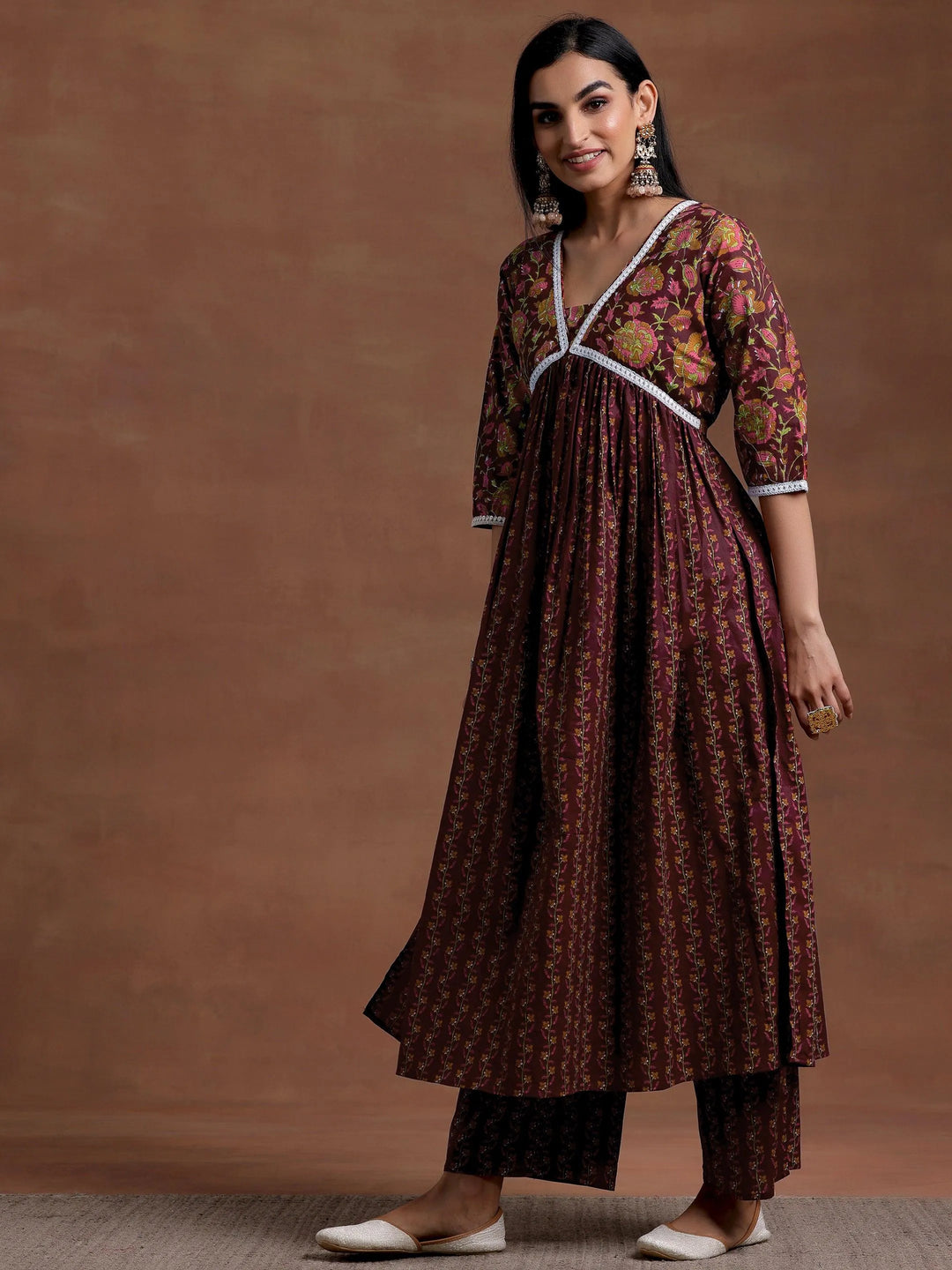 Rust Printed Cotton A-Line Kurta With Palazzos - Libas 