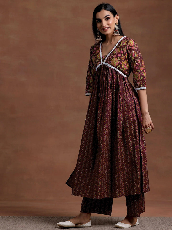 Rust Printed Cotton A-Line Kurta With Palazzos - Libas