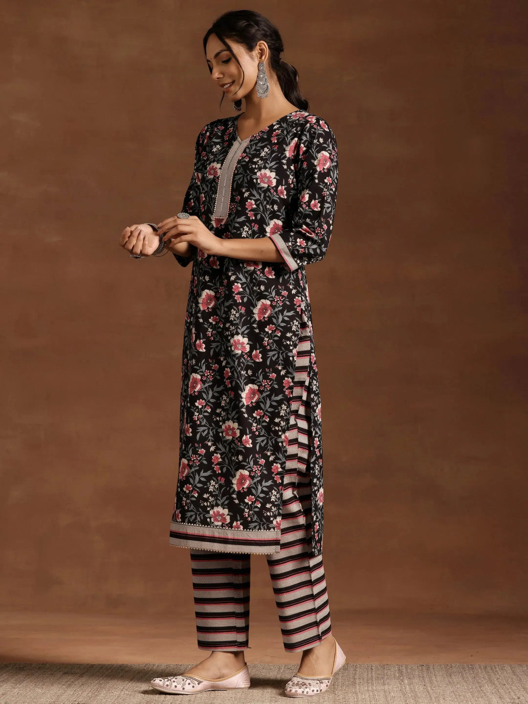  Black Printed Cotton Straight Kurta Set 