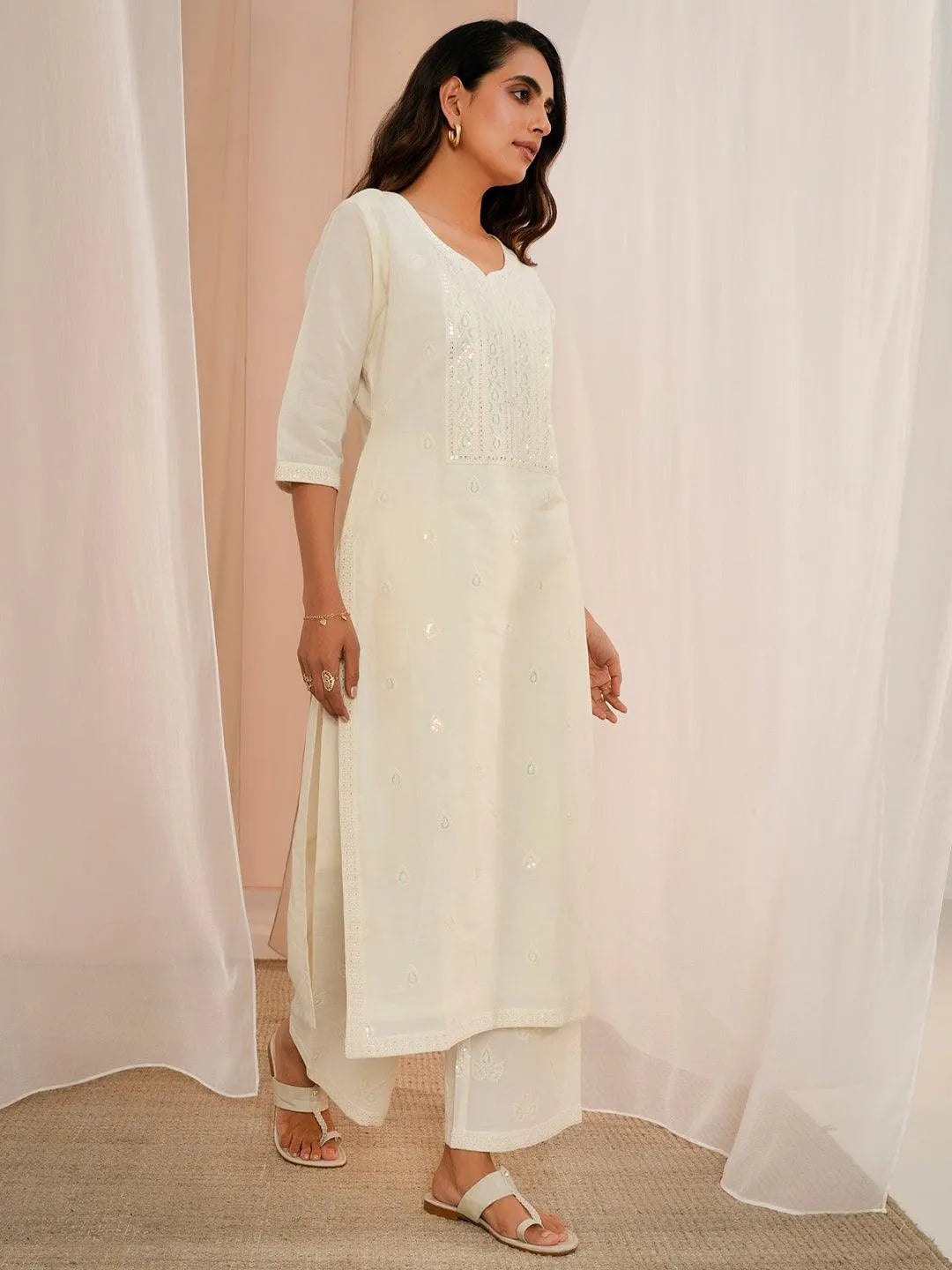Off White Embroidered Cotton Straight Suit With Dupatta - Libas 