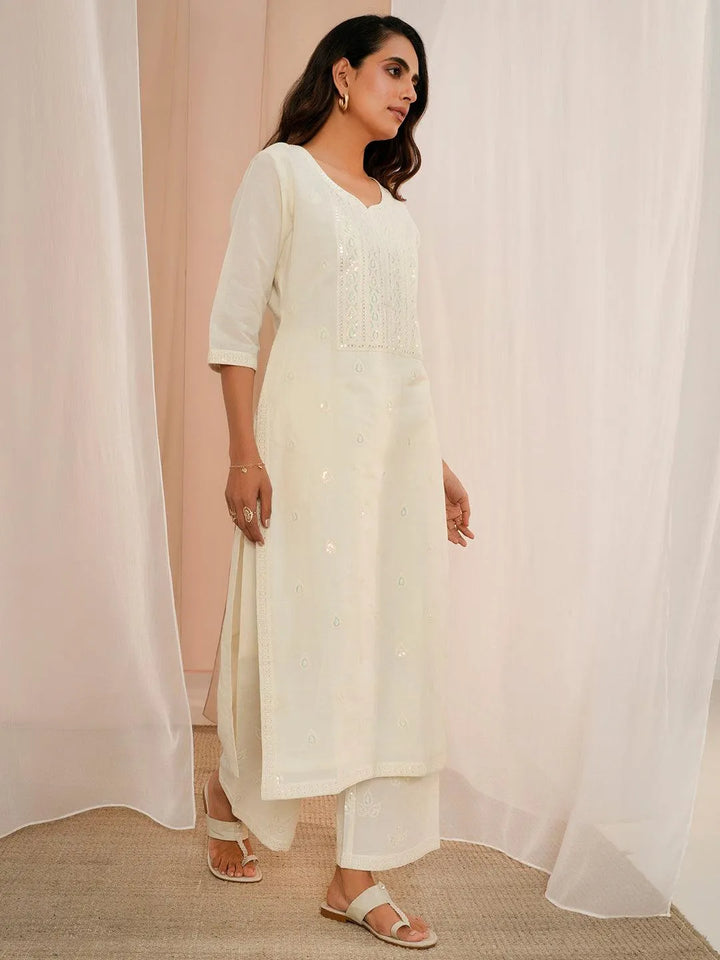 Off White Embroidered Cotton Straight Suit With Dupatta - Libas