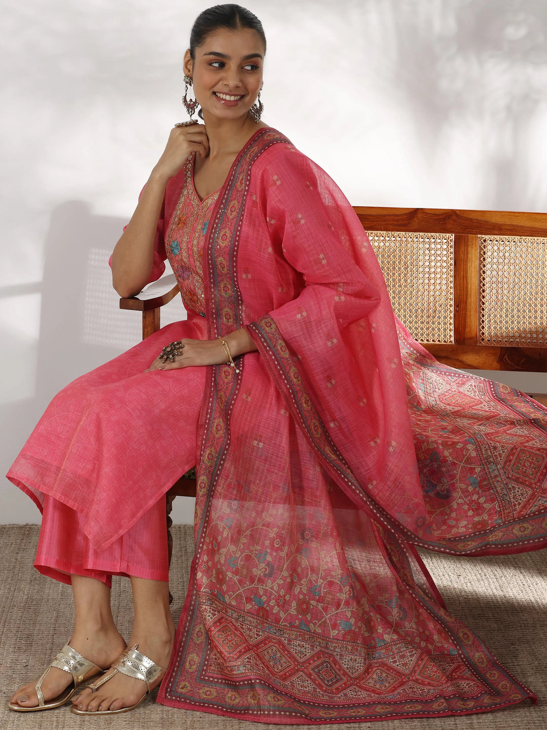  Pink Yoke Design Silk Blend Straight Suit With Dupatta 