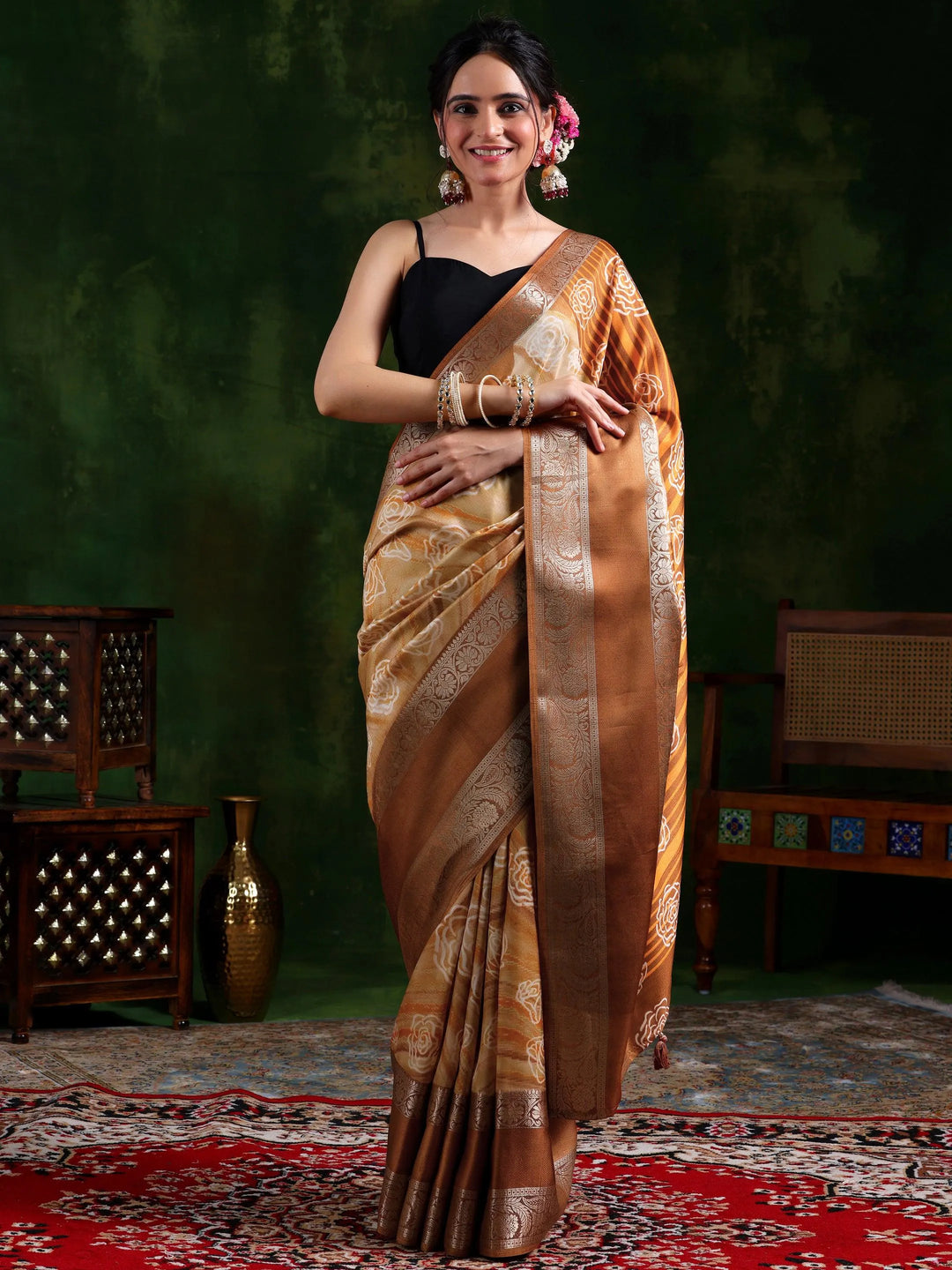 Brown Printed Silk Blend Saree With Unstitched Blouse Piece - Libas 